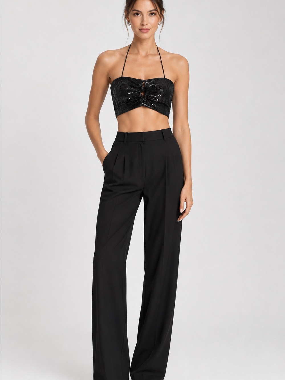 Olivaceous Black Sequin Bandeau Crop Top Halter Tie Back – Size L, NWT
